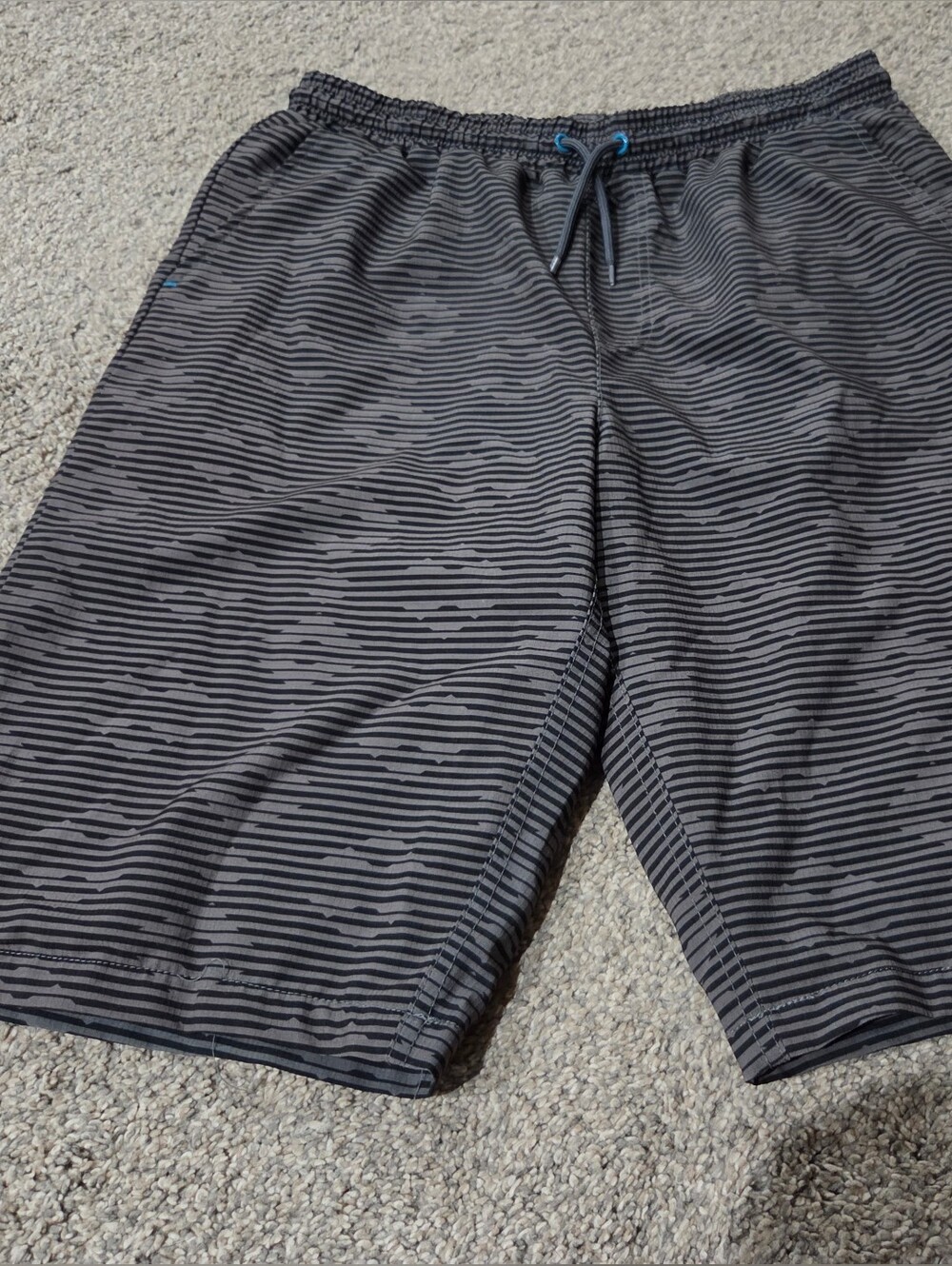 Eddie Bauer Kids Black Striped Swim Board Shorts with Subtle Blue Logo Accent XL